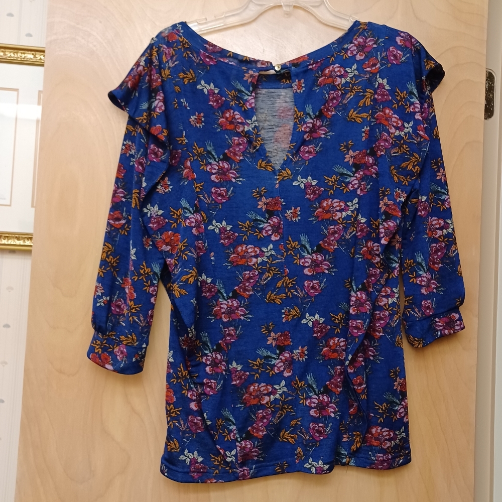 Free People blue floral ruffle boho Dock Street top Sz M - Picture 4 of 14